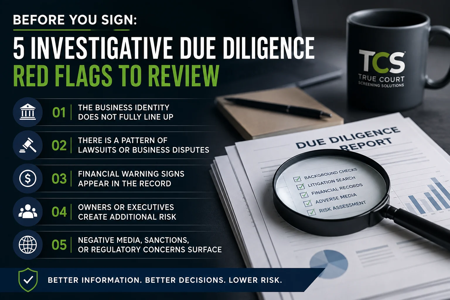 Investigative due diligence red flags checklist with TCS branding, report, magnifying glass, and business risk indicators.