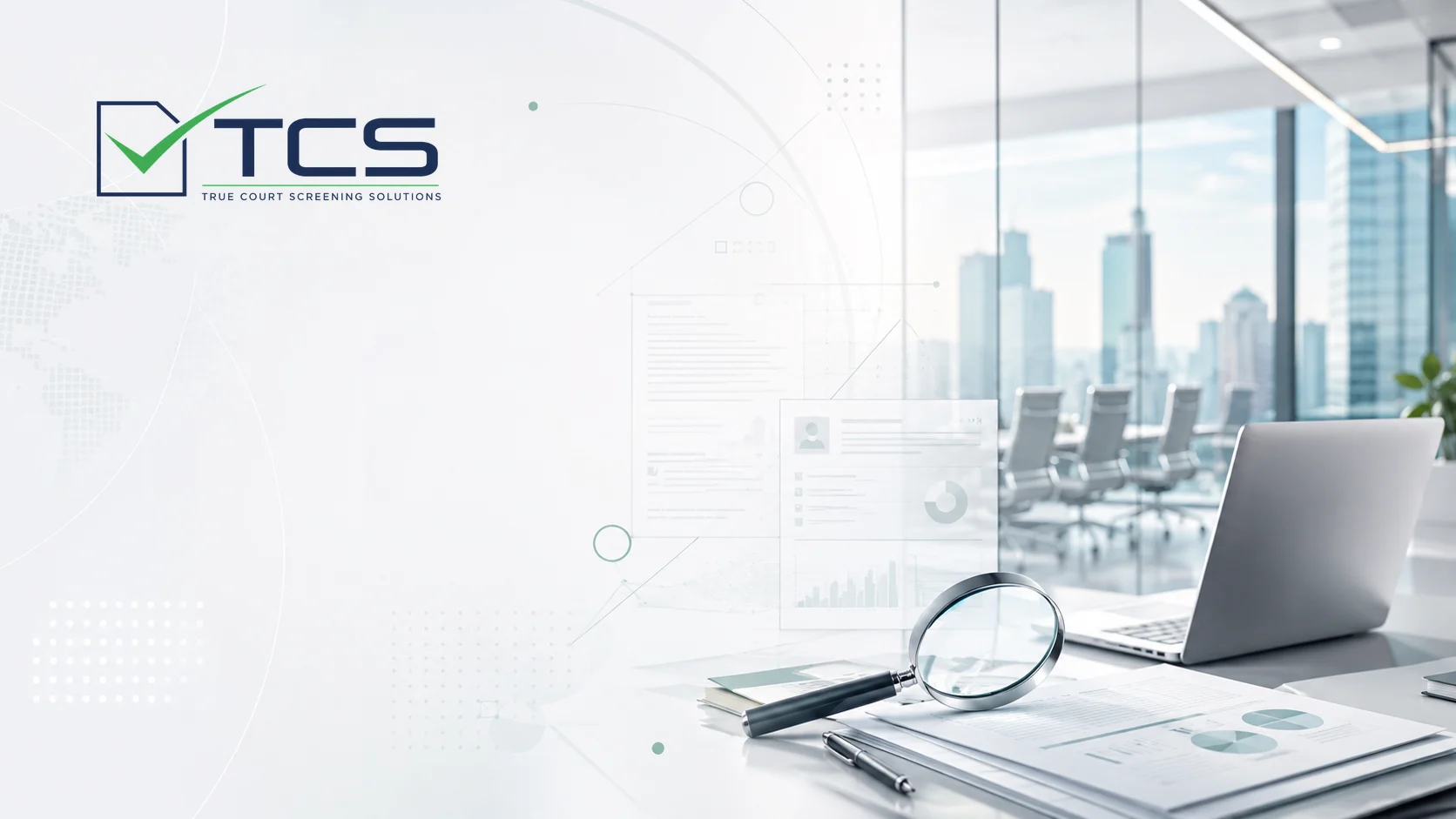 Executive background check research with TCS branding in a modern office setting.